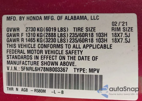 2022 Honda Odyssey Ex-L z USA, uszkodzony, nr VIN 5FNRL6H78NB003367